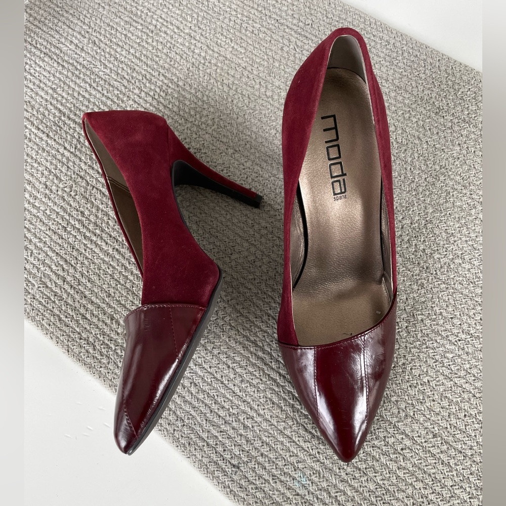 Vintage Moda Spana Oxblood Burgundy Dark Red Leather Suede High Heels Pumps 9.5